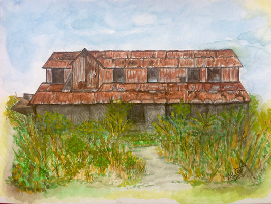 "County Line Cotton Gin" Watercolor Print by Mickie West