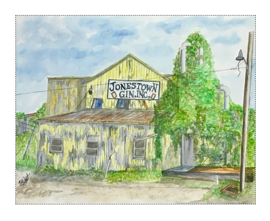 "Jonestown Cotton Gin, Inc" Watercolor Painting Print by Mickie West