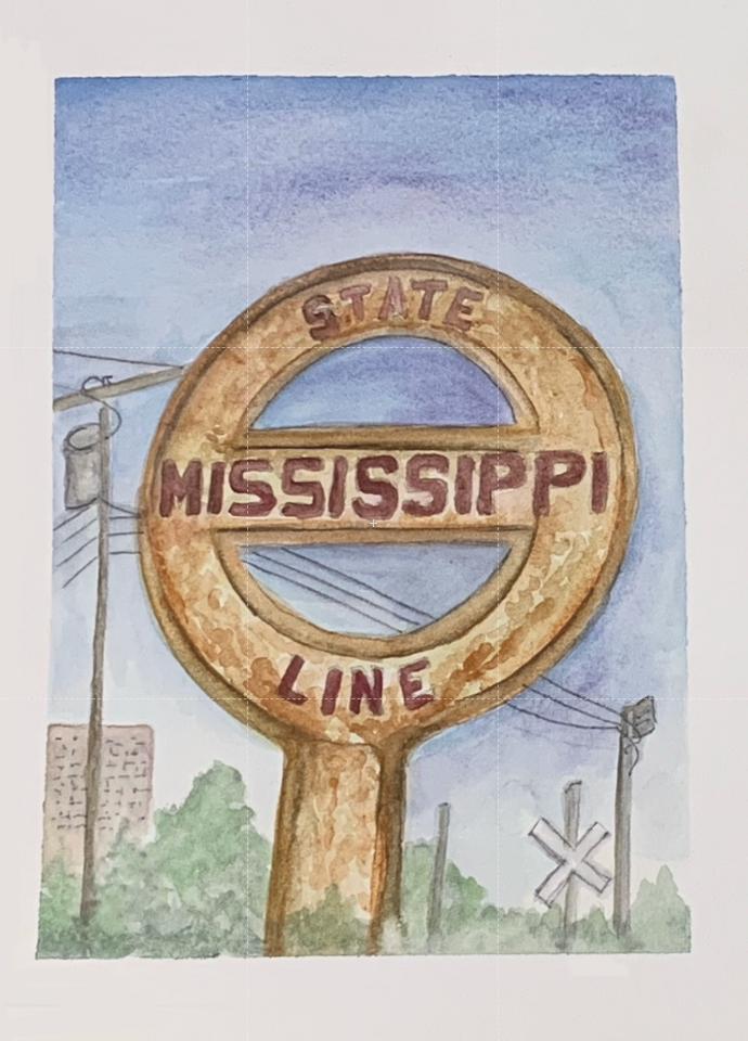 "Mississippi State Line" 5x7 Watercolor Painting Print by Mickie West