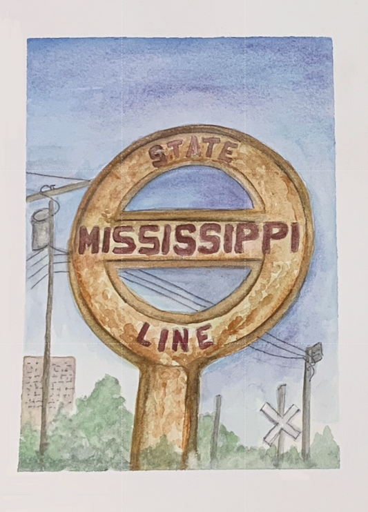 "Mississippi State Line" 5x7 Watercolor Painting Print by Mickie West