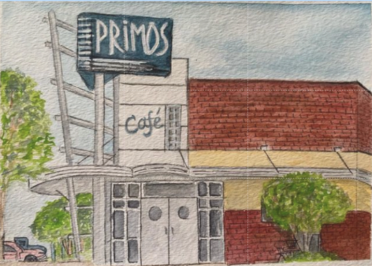 "Primos Cafe" 5x7 Watercolor Painting Print by Mickie West